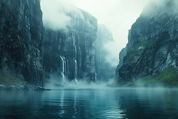 Majestic fjord with blue glaciers and mist rising from the water
