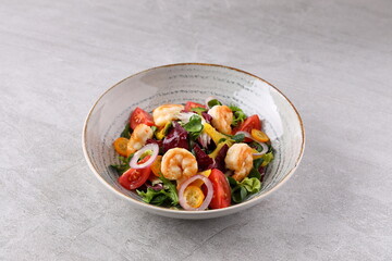 Shrimp, Avocado, Tomato Salad. Grilled View from above, top studio shot