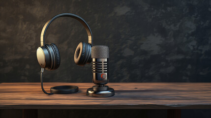 Microphone and headphones on table with dark background