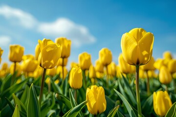 A vibrant field of yellow tulips basks in the sunshine under a clear blue sky. Generative AI