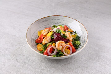 Shrimp, Avocado, Tomato Salad. Grilled View from above, top studio shot