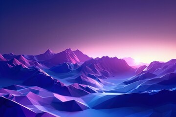 Abstract digital landscape of stylized mountains with a radiant sunrise backdrop
