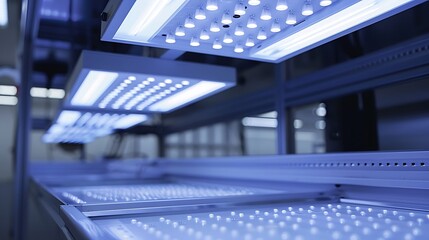 Fototapeta premium Modern LED lighting panels in a technology production facility. Bright blue lights illuminate the workspace, showcasing advanced lighting solutions.