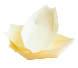 Stacked snack or appetizer plates made of poplar wood. Eco friendly, recyclable and plastic free concepts. Isolated on transparent background.