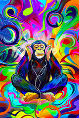 Immersion in music, poster with a chimpanzee enjoying listening to music on headphones, bright rich neon background, idea for concept