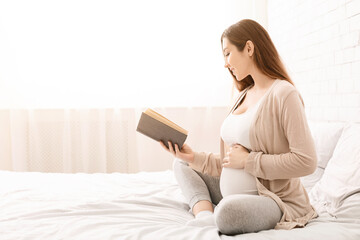 Obraz premium Time for hobby and relax. Smiling pregnant woman reading her favorite book, sitting on bed, free space