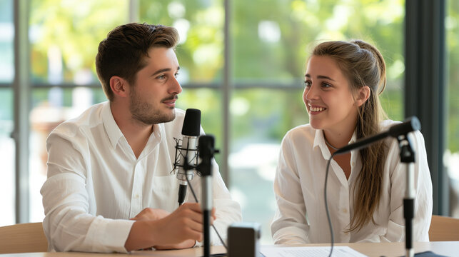 Man and woman seated with microphones at table