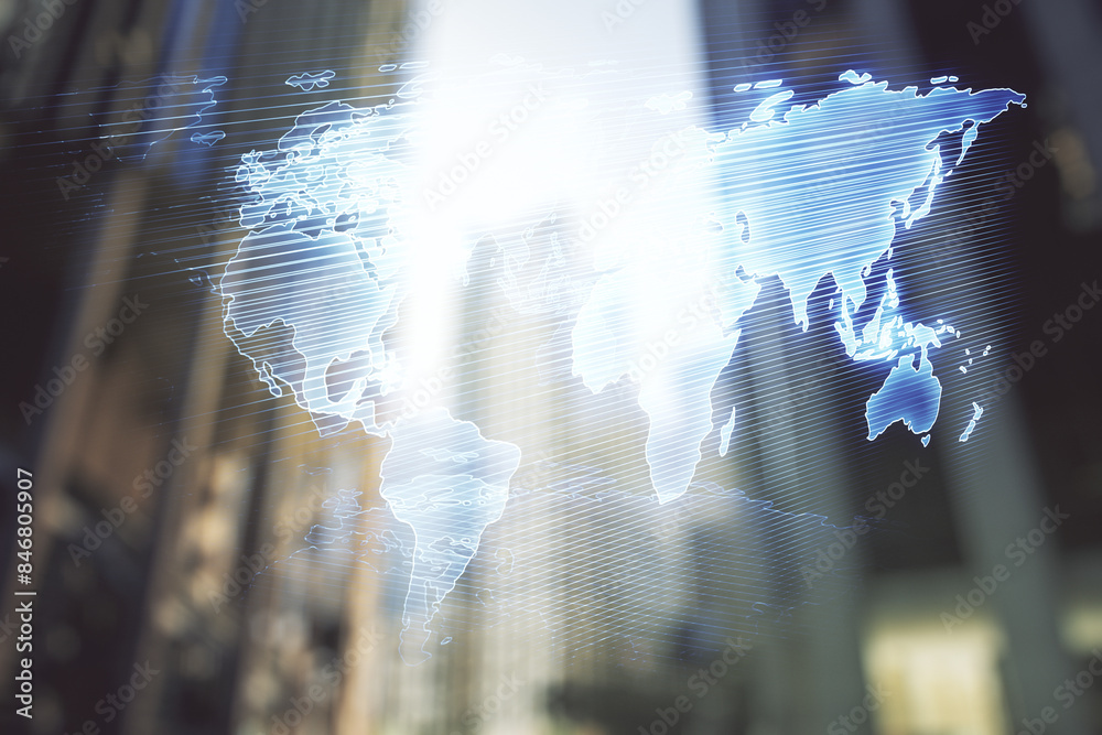 Poster multi exposure of abstract creative digital world map hologram on modern skyscrapers background, res