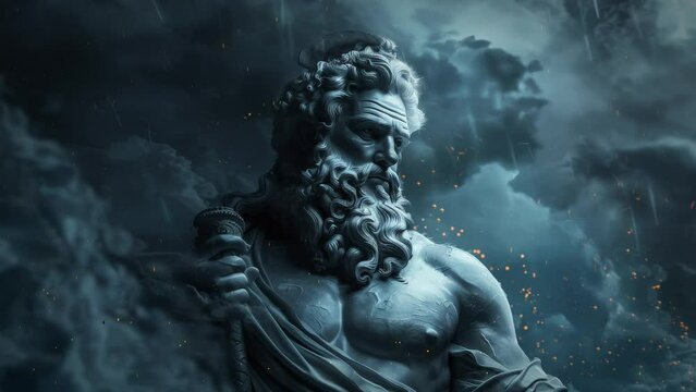 The God Zeus on the background of a gloomy sky 4K video
