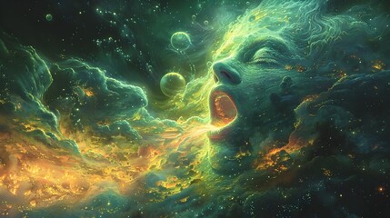 Obraz premium Glowing Green Snoring Sound Wave Emanating from a Peaceful Slumbers Mouth above a Surreal Nebulous Landscape