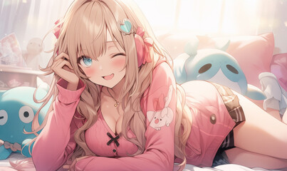 Super attractive and super cute young woman lying on a bed inside a girly room