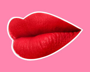 Red woman's lips with white outline on pink background. Magazine cutout, stylish design