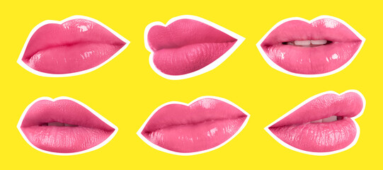 Collage of magazine cutouts. Many beautiful female lips with white outline on yellow background