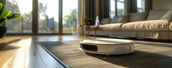 Professional 3D generated white clean designed robotic vacuum cleaner, in a minimalist interior with neutral colors.