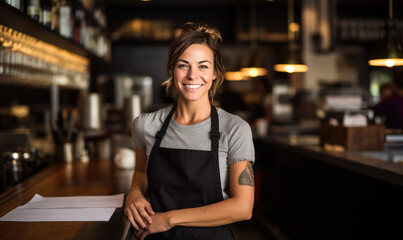 A female smiling bartender in a black apron is standing in front of a menu board
