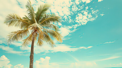 Fototapeta premium Palm tree on tropical beach with blue sky and white clouds abstract background. Copy space of summer vacation and business travel concept. Vintage tone filter effect color style.