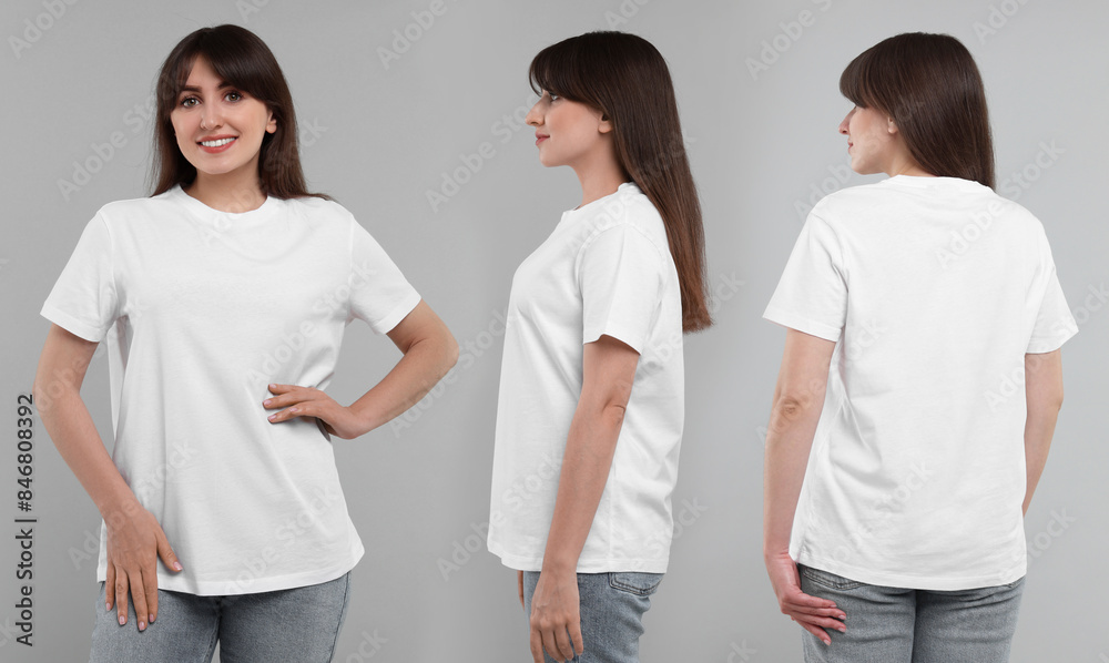 Wall mural woman wearing white t-shirt on light grey background, collage of photos. front, back and side views - Wall murals