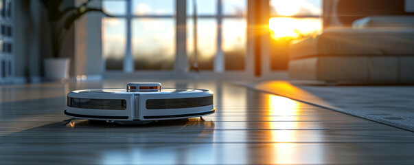 Professional 3D generated white clean designed robotic vacuum cleaner, in a minimalist interior with neutral colors.