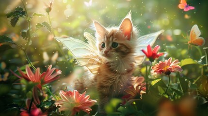 Magical Kitten with Fairy Wings in a Flower Garden.