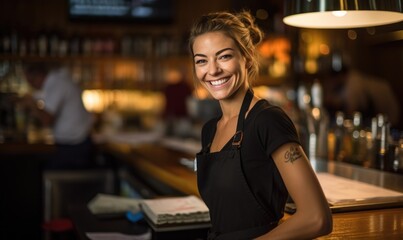 A female smiling bartender in a black apron is standing in front of a menu board