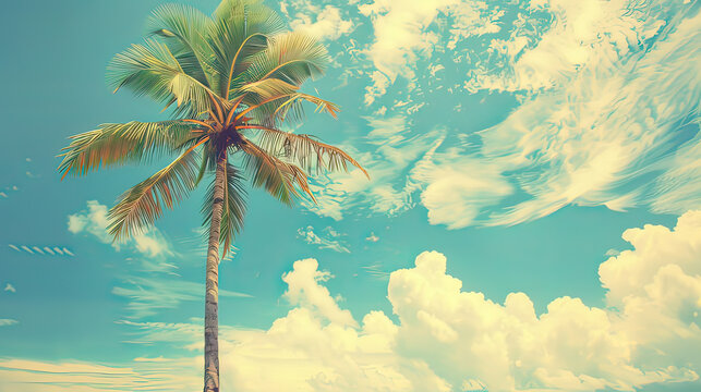 Palm tree on tropical beach with blue sky and white clouds abstract background. Copy space of summer vacation and business travel concept. Vintage tone filter effect color style.