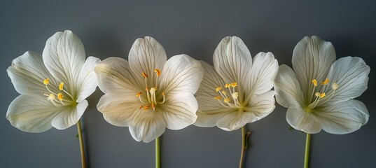 Four white tulips with yellow centers in a row.