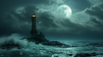 Fototapeta premium in the night,lighthouse in the middle of the ocean,hug moon and clouds 