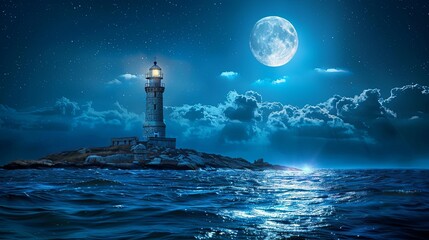in the night,lighthouse in the middle of the ocean,hug moon and clouds 