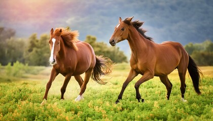 Obraz premium two horses in the meadow, Brown horses in motion A dynamic image of two brown horses galloping through a lush green field, capturing the motion and energy of their movements, with the background softl