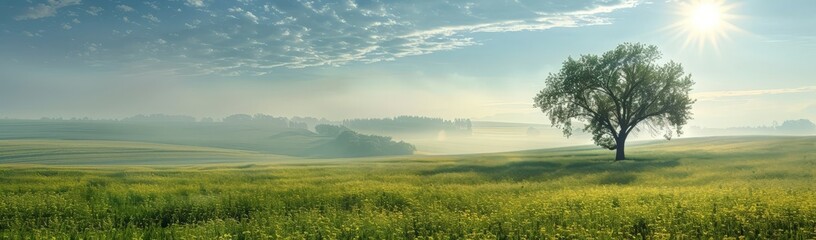 Obraz premium A peaceful sunrise over a vast field of vibrant green grass