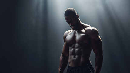 Muscular African American Man in Athletic Pose on Dark Background