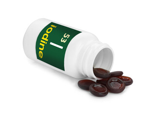Plastic jar and iodine pills isolated on white