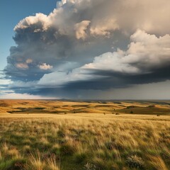 Obraz premium A dramatic thunderstorm rolling over a wide-open prairie. Generative AI