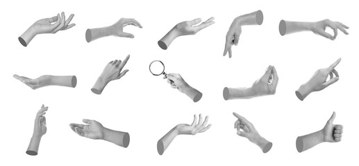 Set of different hand gestures isolated on white, black and white