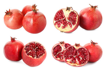 Whole and cut ripe pomegranates isolated on white, set