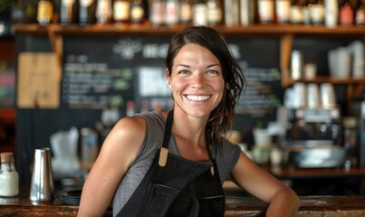 A female smiling bartender in a black apron is standing in front of a menu board
