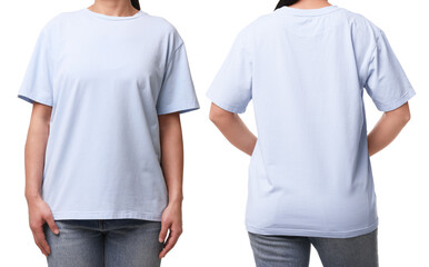 Woman wearing light blue t-shirt on white background, collage of closeup photos. Front and back...