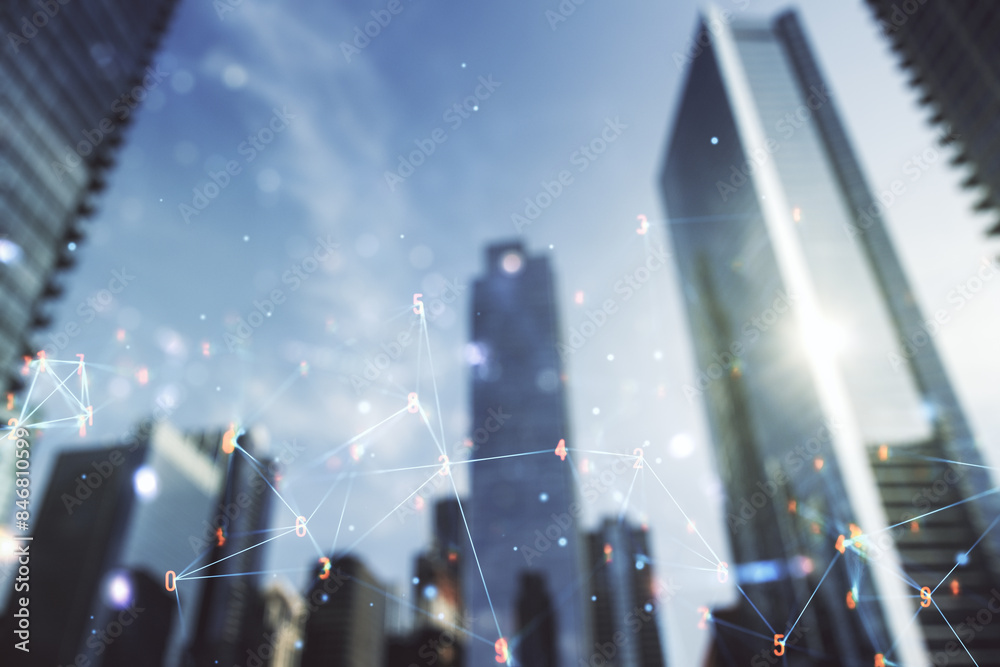Poster Double exposure of abstract virtual technology hologram on modern skyscrapers background. Research and development software concept