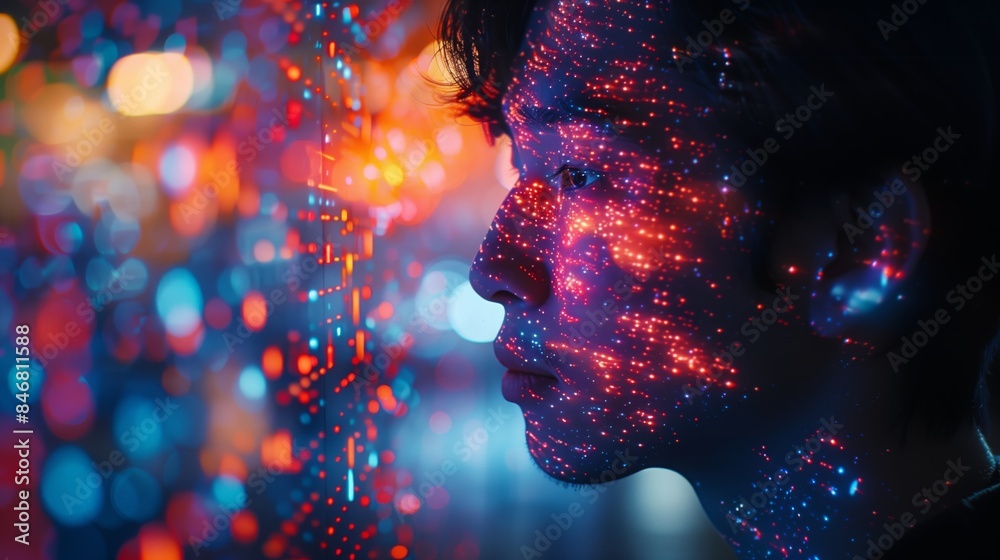 Poster a man participates in a virtual therapy session illuminated by holographic visuals.