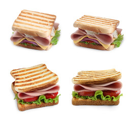 Delicious sandwiches with boiled sausage isolated on white, set