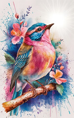 Beauty Colorful Bird on a Tree, Enchanting illustration