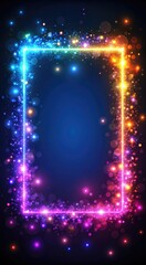  neon glowing blank text frame, festive shining particles, holiday promotions, birthday announcements and sales