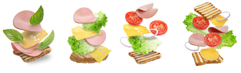 Delicious sandwiches with boiled sausage in air on white background, set © New Africa