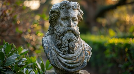 Stone Bust of a Man with a Beard in a Garden Setting.