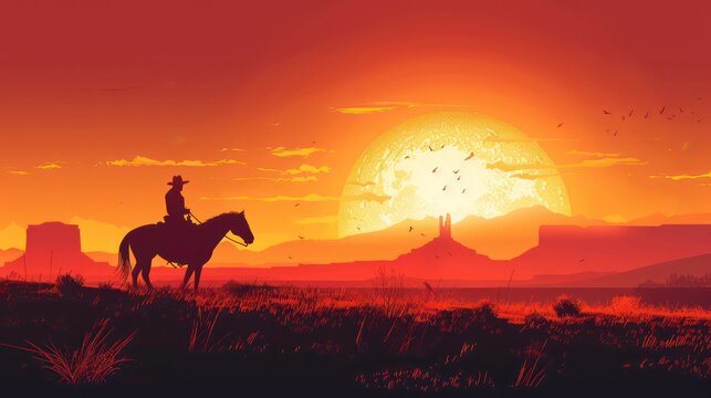 A cowboy riding a horse in silhouette against a desert landscape sunset background, with copy space. Generative AI