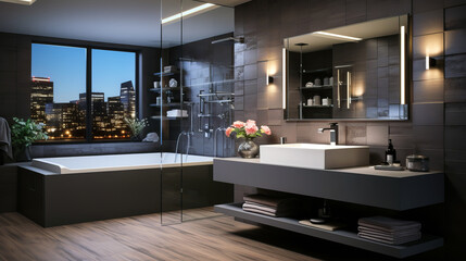 Cozy interior of bathroom in modern coty apartment.