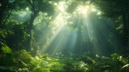 Obraz premium Dark rainforest sun rays through the trees rich jungle