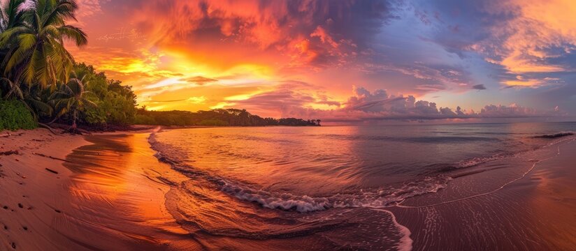 Vibrant sunrise on the beach by the ocean.