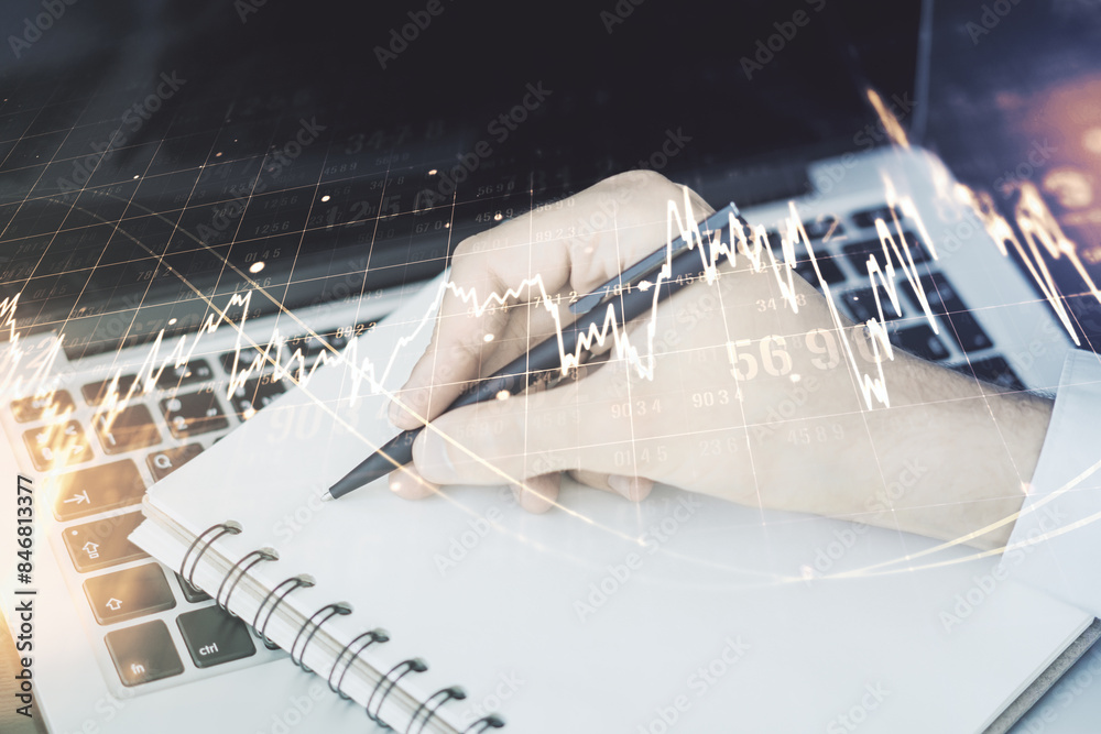 Poster double exposure of abstract creative financial diagram with hand writing in notebook on background, 