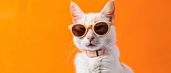 Closeup portrait of a stylish cat wearing sunglasses against an orange background